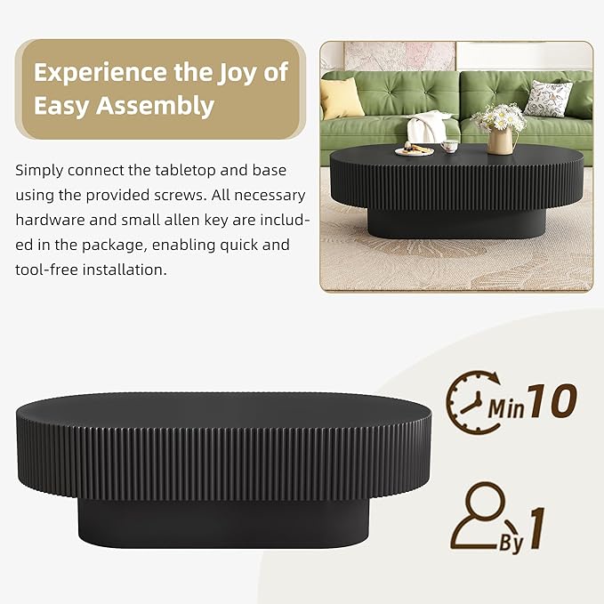 Merax Modern Oval Coffee Table with Sturdy Base, Wood Minimalist Fluted Center Tables for Living Room Reception Room, Easy Assemble,Black