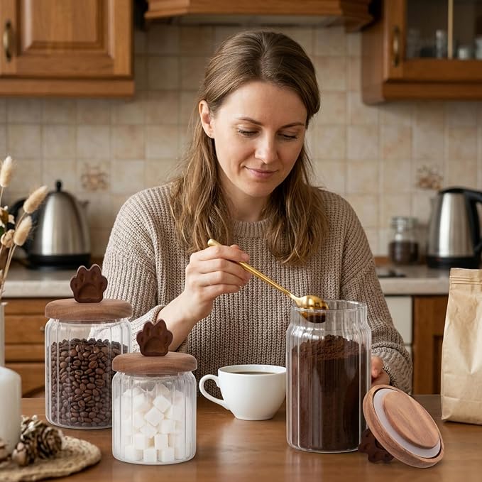 Glass Coffee Canister Set - 3 Pack 30Oz 20Oz 13Oz Airtight Ribbed Glass Storage Jars with Paw Shaped Wood Lids Gold Spoon Label Sticker, for Kitchen Countertop Bar Food Bean Sugar Container
