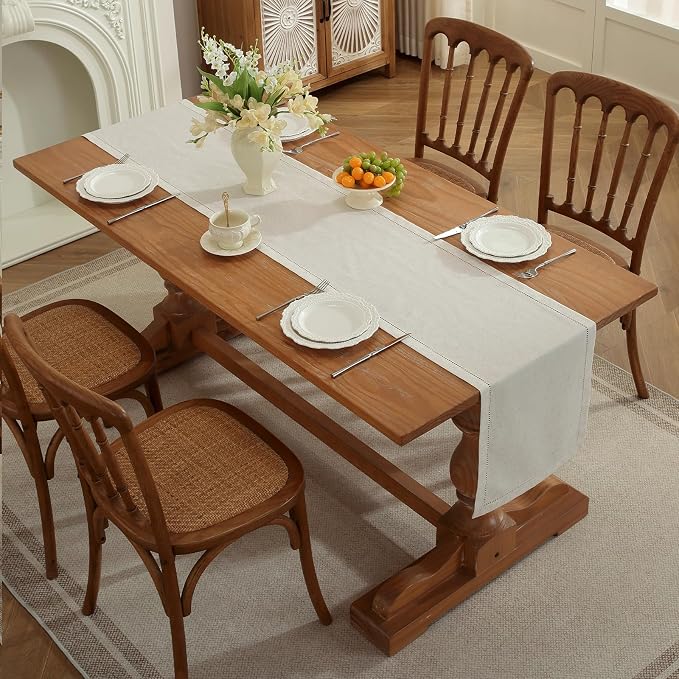 Light Natural Handmade Hemstitched Linen Blend Table Runner for Father's Day, Spring, Summer, Classic Hemstitch Style (14 x 72 Inch)