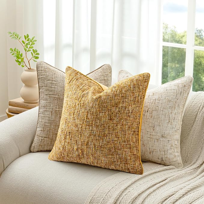 A Moment Bright Yellow Reversible Pillow Covers 2 Pack - Farmhouse Chenille Velvet Throw Pillows, Neutral Textured Decorative Throw Pillow Covers with Border for Couch Sofa Bed (12x20 Inch, No Insert)