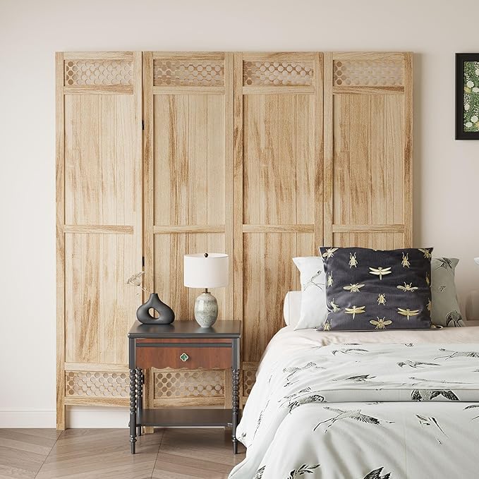 Privacy Screen Room Divider Panel - 67 Inch Tall Natural Wood Folding Partition Room Dividers, No-Assembly Required, Enhance Privacy and Aesthetic Appeal, Ideal for Home or Office Natural 4 Paned