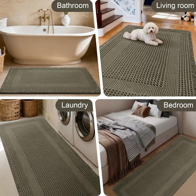 Upgraded Waffle Bath Mat, 32"x20" Greyish Green-Looped, Super Absorbent Non-Slip Quick Dry Bathroom Rugs with Tassels, Machine Washable Ultra Soft Boho Bath Rugs, Toilet Mats Boho Farmhouse Decor