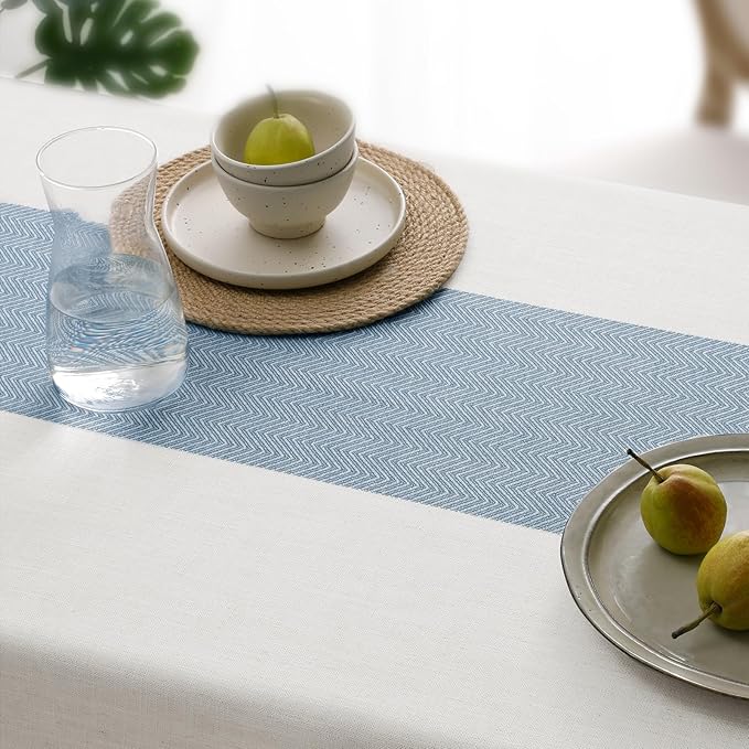 Softalker Outdoor Tablecloth Rectangle, Waterproof Linen Cotton Farmhouse Table Cloths with Tassel, Heavy Weight Wrinkle Free Boho Table Cover for Picnic Camping Dining - 55 x 84 Inch, Blue Stripe