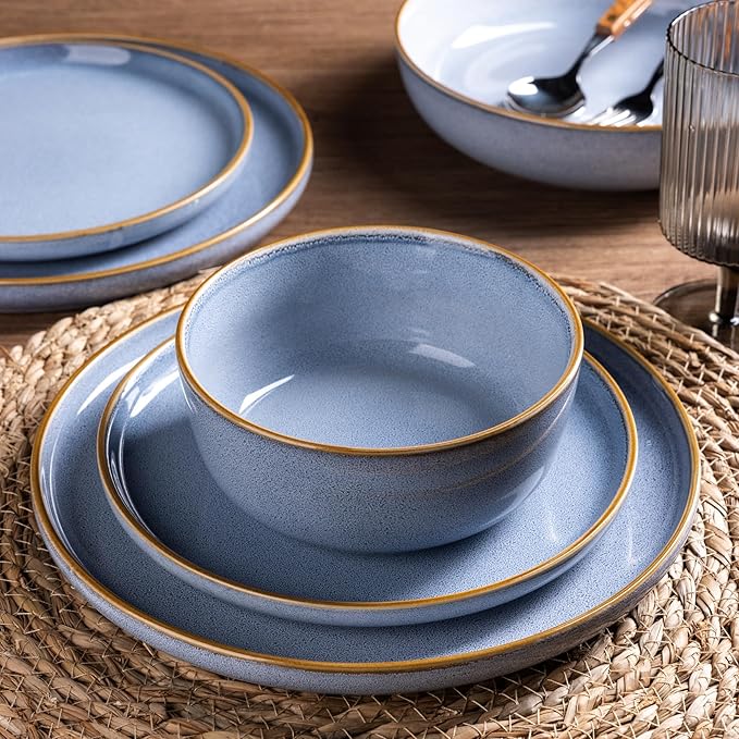 GBHOME Ceramic Dinnerware Sets for 6, 18 Pieces Stoneware Plates and Bowls Sets, Scratch Resistant Dish Sets for Dinner, Dishwasher & Microwave Safe, Brunnera Blue