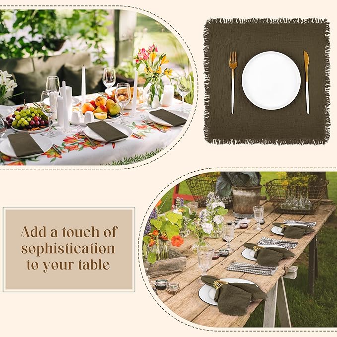 TURSTIN 24 Pieces Cotton Linen Cloth Napkin Handmade Cloth Napkin with Fringe 17 x 17 Inch Soft Dinner Wedding Napkins Square Rustic Fringe Table Napkins for Dinners, Parties, Weddings, Coffee
