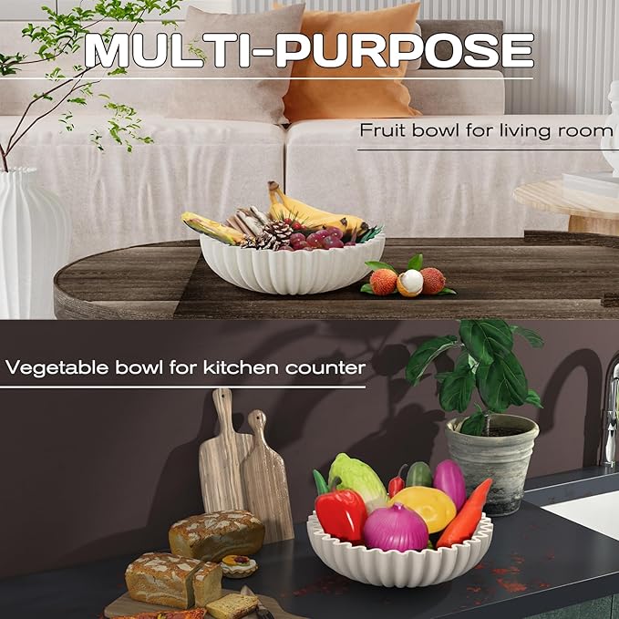 Hand-Poured Solid Concrete Decorative Bowl - Scalloped Ruffle Large Fruit Bowl, Organic Modern & Wabi Sabi Centerpiece for Kitchen Counter, Entryway Key Holder, Coffee Table Decor(10" Beige)