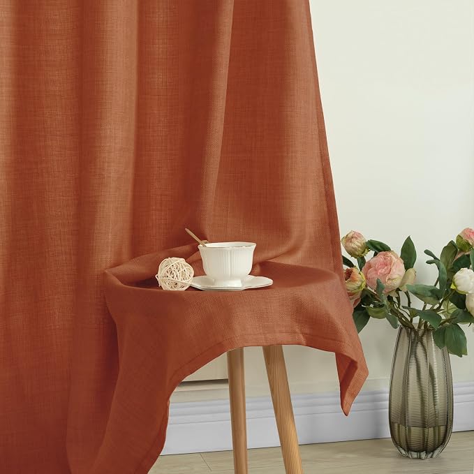 LAMIT Terracotta Linen Curtains 90 Inch for Living Room, Light Filtering Fall Western Decor Panels, Grommet Boho Farmhouse Rustic Drapes for Bedroom, 2 Panels Set, 52 x 90 Inch