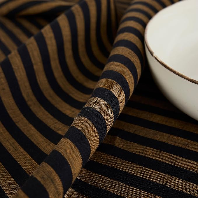 Solino Home Table Runner 120 Inches Long - Amalfi Stripe, 100% Pure Linen Brown Sugar and Black Table Runner 14 x 120 Inch for Dining