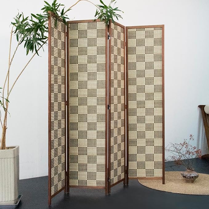 Furnnylane 4 Panel Bamboo Room Divider – 5.6 ft Tall Double-Sided Folding Privacy Screen, Freestanding Wall Partition for Home Office & Bedroom, Gray Brown Woven Texture, Easy Setup (67" H x 63" W)
