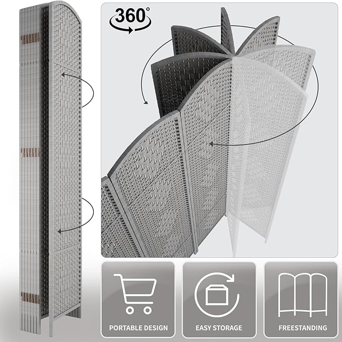 Rose Home Fashion Room Divider 5.6 ft.Tall-15.7" Wide Weave Fiber 6 Panels Room Dividers and Folding Privacy Screen/6 Panels Partition Room Divider Wall Freestanding 6 Panel, Grey