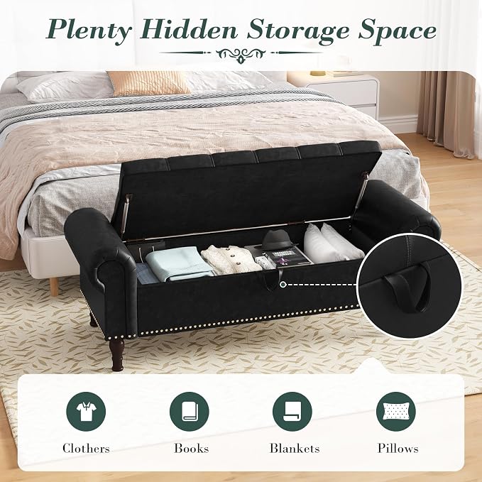 Apicizon 51” Bench with Storage, Queen Size Faux Leather End of Bed Bench with Tufted Button, Ottoman Bench with Rolled Arms & Vintage Rivets for Foot of Bed, Living Room, Entrance, Black
