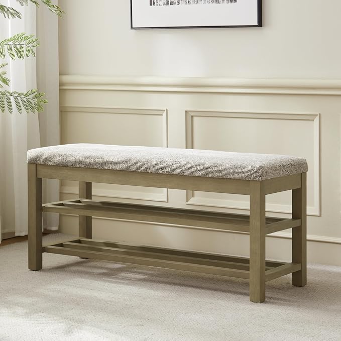 VKNOW Entryway Bench, 44.3” Upholstered Shoe Storage Bench for Bedroom, 2-Tier Storage End of Bed Bench with Rubberwood Legs for Living Room, Hallway, Brown