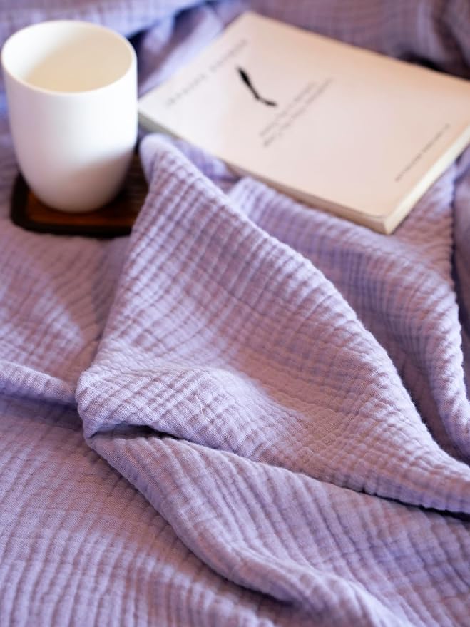 4-Layer Muslin Cotton Queen Bed Blanket (90 x 90 inches) – Ultra Soft Breathable Gauze, Lightweight All-Season Cozy Blanket, Machine Washable – Lavender