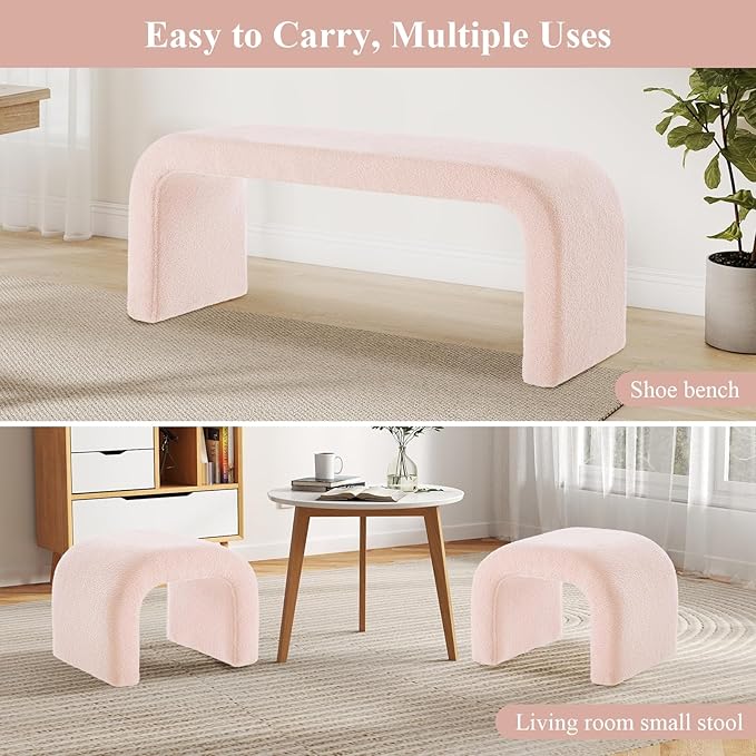 3-Piece Modern Ottoman Bench Set, 44" Wide Teddy Upholstered End of Bed Bench with 2 Foot Stools, Padded U-Shaped Entry Bench Vanity Stool for Living Room Bedroom (Pink)