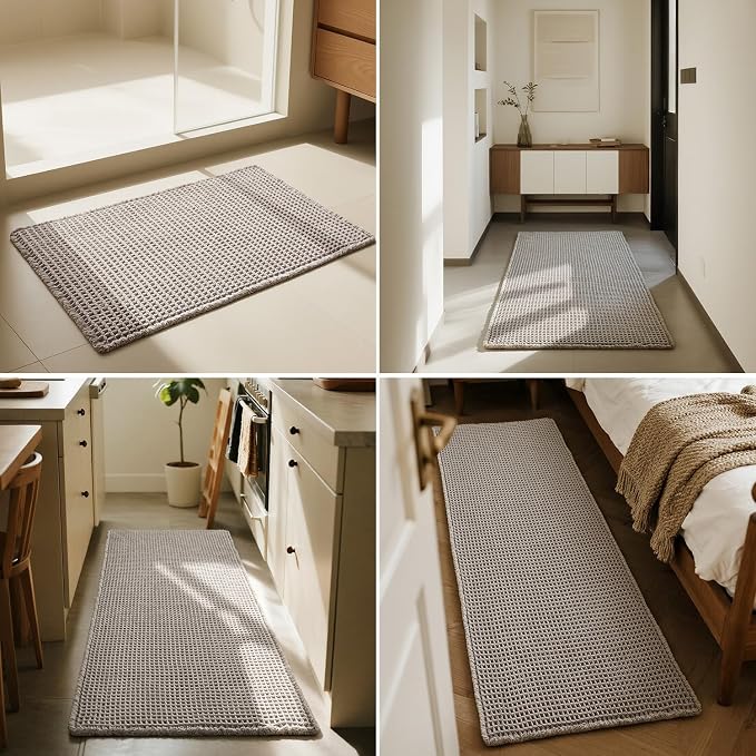 Triohero Waffle Bath Mat, Boho Bathroom Rugs Non Slip Washable, Ultra Soft Super Absorbent Quick Dry Farmhouse Bathroom Decor, 20" x 30", Light Grey