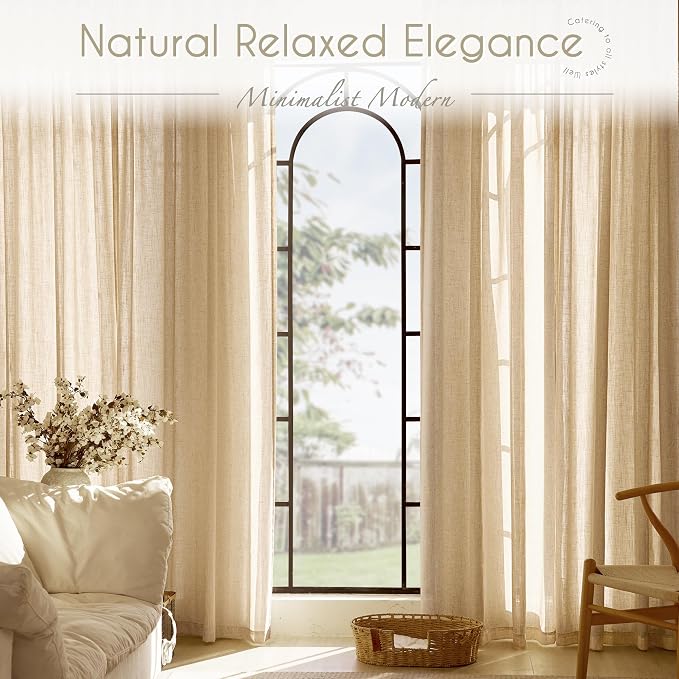 Tan Linen Curtains 84 inches Long for Living Room Back Tab Rustic Farmhouse Semi Sheer Light Filtering Window Curtain Dining Room Soft Thick Flax Linen Textured Drapes Kahki 52x84