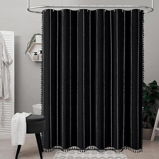 BTTN Stall Fabric Shower Curtain - 54x78 Boho Striped Linen Heavy Duty Tassel Shower Curtain with 10 Hooks, Narrow Rustic Modern Farmhouse Bohemian Thick Shower Curtains for Bathroom - Black and White