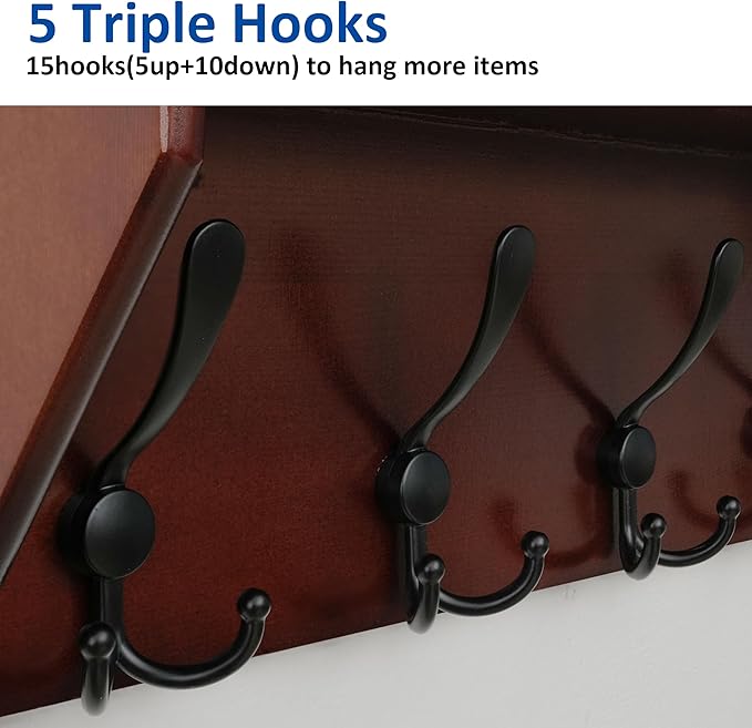 WEBI Coat Rack Wall Mount with Shelf,24" Long Wall Shelf with Hooks Underneath,5 Triple Hooks for Entryway,Hallway,Bedroom,Cherry