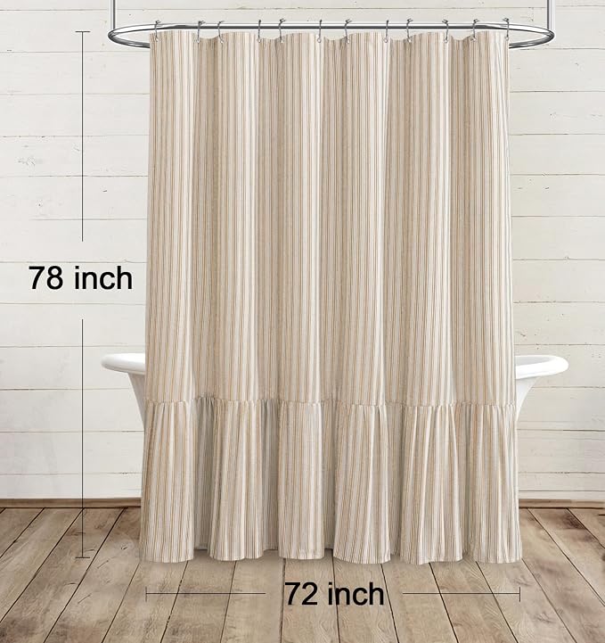 Farmhouse Shower Curtain with Ruffle Hem Linen Shower Curtains for Bathroom Country Vintage Rustic Natural Fabric, Cream-Beige Stripe 72" W x 78" L