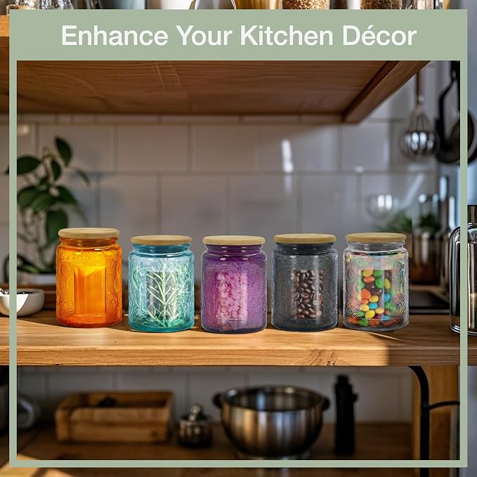8oz Decorative Glass Jars with Airtight Bamboo Lids (Green - 6pc). Vintage Food Storage Containers, Home Décor Candle Making Parties Wedding Baby Shower Favors Gift