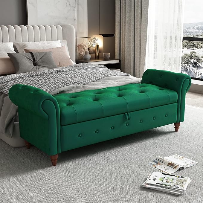ODUWA 63 Inch Upholstered Tufted End of Bed Storage Bench with Arms,Larger Storage Space, End of Bed Bench for Bedroom Living Room Entryway (Green-Velet)