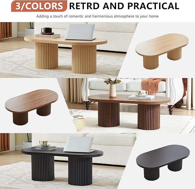AVZEAR Oval Fluted Coffee Table for Living Room, Mid Century Modern Coffee Table with Fluted Legs, Curved Round Wooden Center Table for Home, Office, Cafe, Black (39.38" x 19.69" x 13.78")