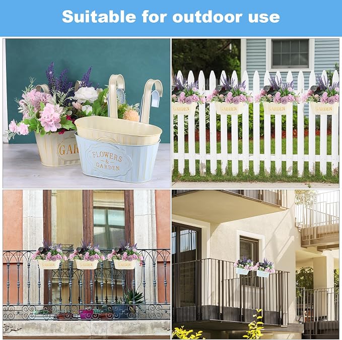 uxcell 5Pcs Metal Hanging Flower Pots for Railing Fence, 11" Railing Planter Box with Detachable Hooks Drainage Holes for Outdoor Plants Balcony Window Deck Garden Porch Home Decor, Blue