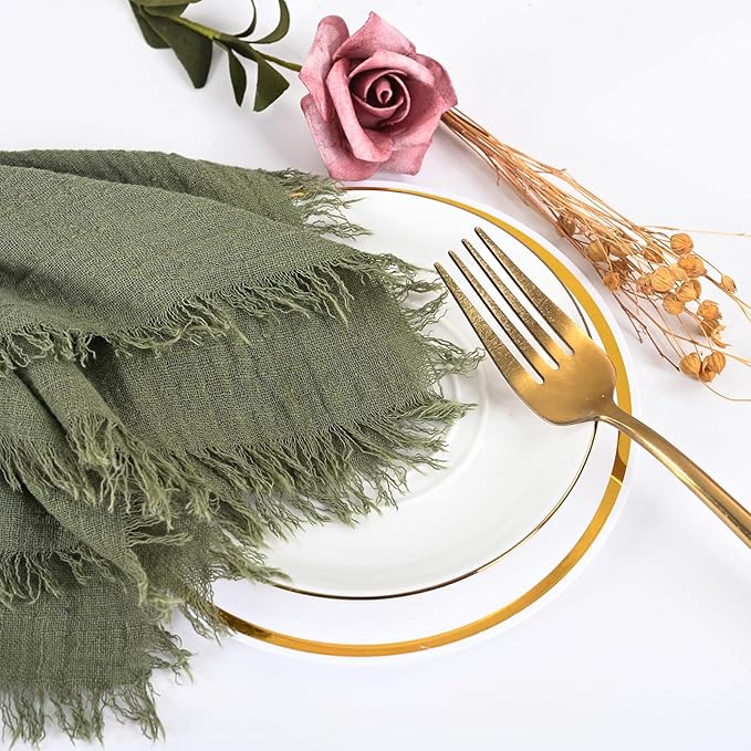 36 Pack Olive Green Handmade Cloth Napkins 16 x 16 Inch Cotton Linen Napkins with Fringe, Washable and Reusable Napkins, Soft Rustic Boho Fringe Cloth Napkins for Dinners, Parties, Wedding