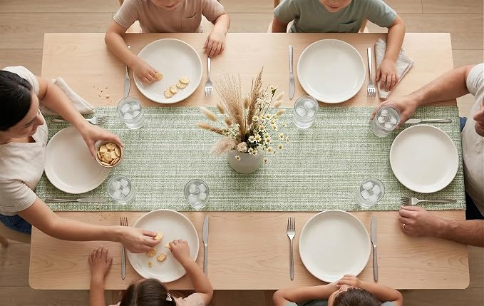 PurpleEssences Chambray Table Runner with Fringes - 100% Cotton, 13x72 Inch - Rustic Farmhouse Table Décor, Reusable, Machine Washable for Dining Tables - Spring Easter Summer - Sage Green & H.White
