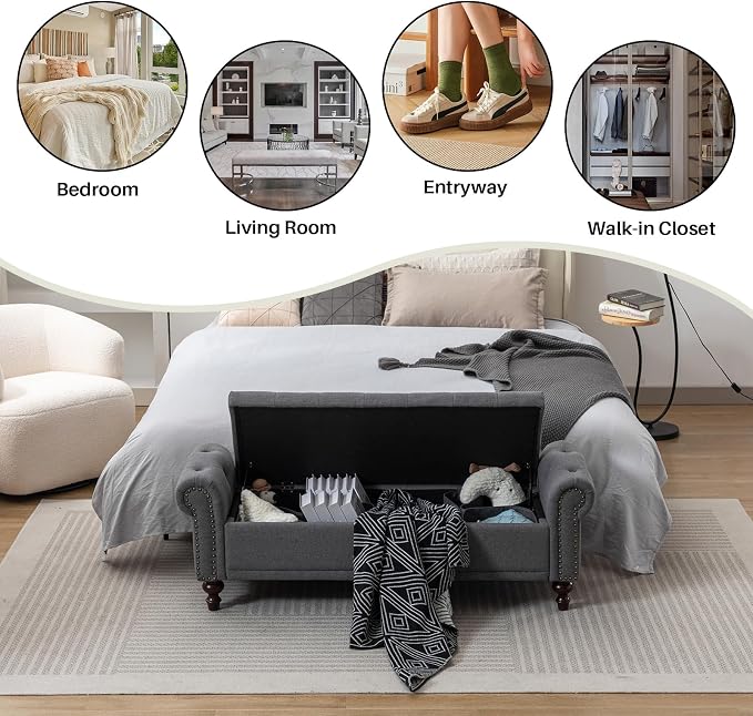 SOFTHION 58.1" Storage Bench Upholstered Linen End of Bedroom Bed Bench Ottoman with Tufted Cushioned Rolled Arm Large Storage Space for Reading Living Room Entryway, Grey