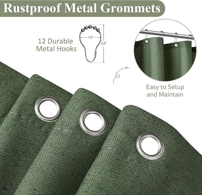 Naturoom Olive Green Shower Curtain 78 inches Long, Linen Rustic Weighted Fabric Shower Curtain Set with Hooks, Bohemian Country Thick Bath Curtains for Bathroom,72x78