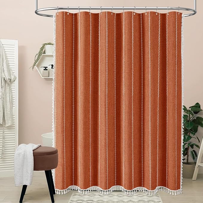 BTTN Stall Fabric Shower Curtain - 54x72 Inches Boho Linen Weighted Striped Shower Curtain Set with 10 Hooks, Narrow Rustic Modern Farmhouse Neutral Thick Shower Curtains for Bathroom - Orange