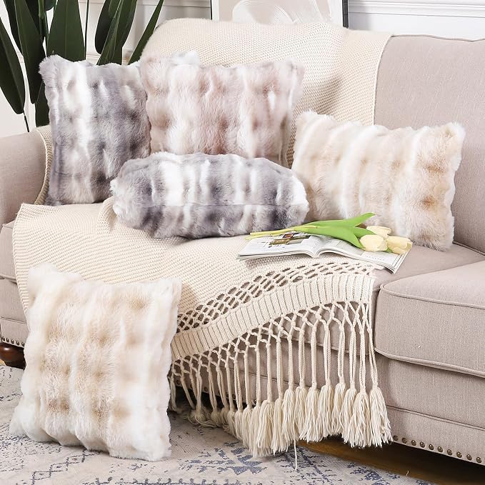 MADIZZ Pack of 2 Thick Plush Faux Wool Throw Pillow Covers Soft Boho Throw Pillows Luxurious Cushion Covers for Couch Sofa Bedroom Living Room Home Decor 12x20 Inch White Grey