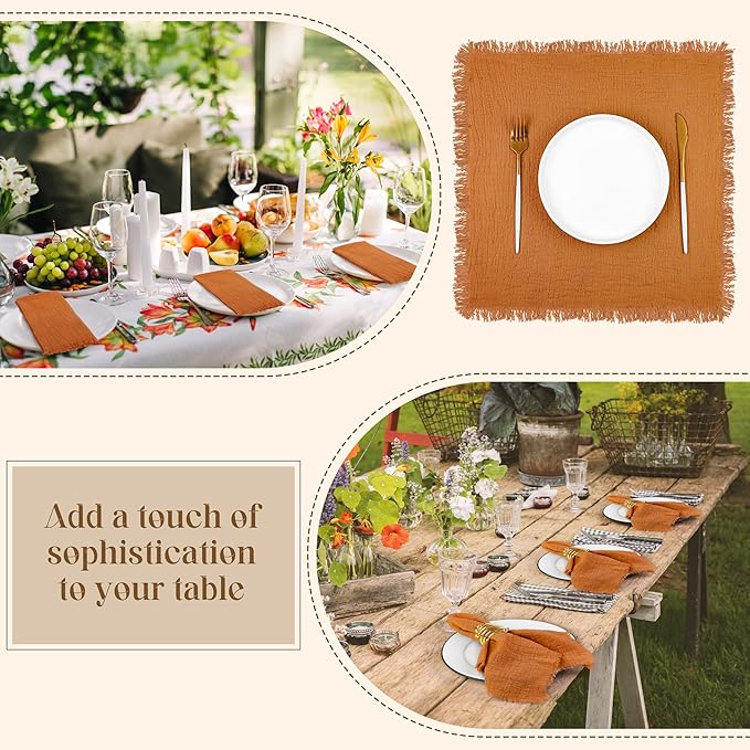 TURSTIN 12 Pieces Cotton Linen Cloth Napkin Handmade Cloth Napkin with Fringe 17 x 17 Inch Soft Dinner Wedding Napkins Square Rustic Fringe Table Napkins for Dinners, Parties, Weddings, Terracotta