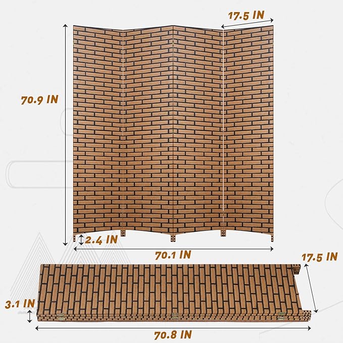 PayLessHere Room Divider 6FT Wood Mesh Hand-Woven Room Divider, 4-Panel Indoor Folding Portable Partition Screen,Brick
