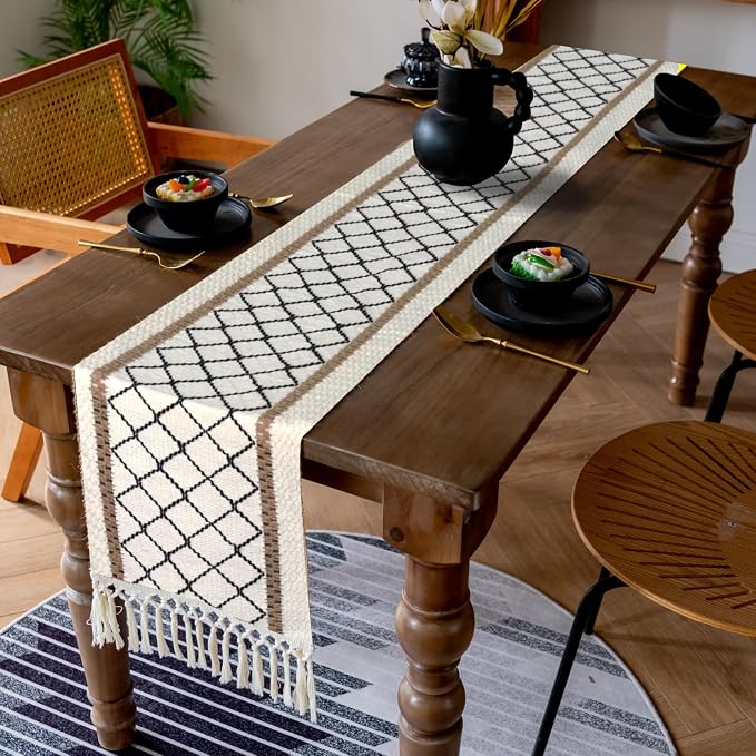 EMMTEEY Macrame Table Runner Boho Style - Scratch & Heat Resistant, Hexagonal Grid Cotton Linen Table Runner with Tassels for Home Decor/Bedroom (12"X94", Black)