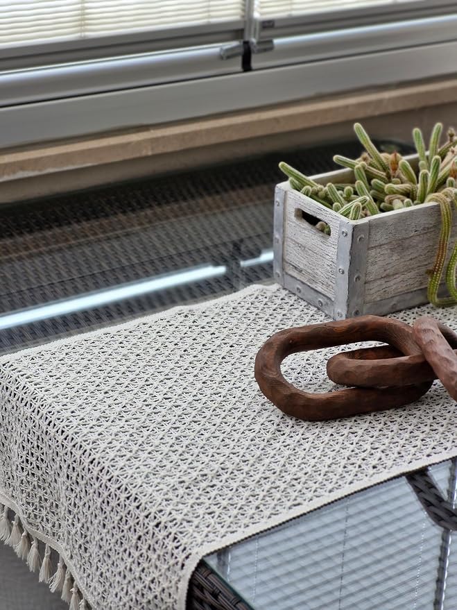 Boho Table Runner for Spring Home Decor Long Farmhouse Rustic Table Runner, Macrame Runner with Tassels for Dining Living Room Bedroom (Table Runner, 14x72 , Lacy Butterfly-Cream)