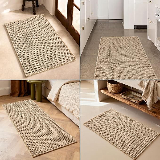 Sunfly Waffle Runner Rug Bathroom, Boho Bath Mat Super Absorbent & Quick Dry, Non-Slip Washable with Tassels, Ultra Soft Farmhouse Long Bathroom Rug 24"x60" Beige