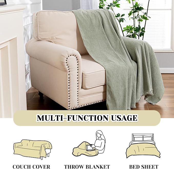MEETSKY Green Sofa Covers Armchair Single Couch Cover for Dogs Throw Couch Cover with Tassel Chair Recliner Futon Cover Washable 1 Cushion Couch Chenille Couch Protector, 71"x 91"