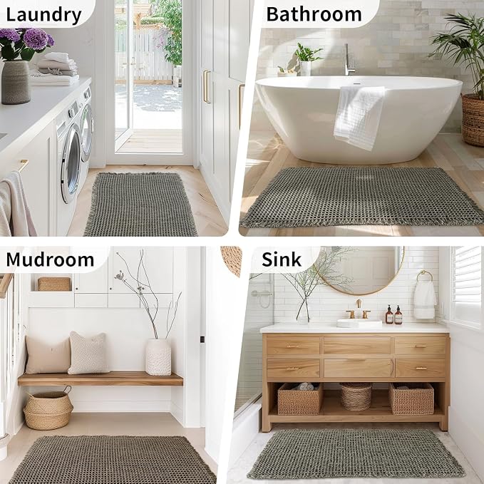 Large Bathroom Rugs Sets 2 Piece - Waffle Bath Mat Non Slip, Extra Absorbent Washable Bathroom Mats for Tub and Shower, Quick Dry Spa Decor, 20x32 & 20x48, Olive Green