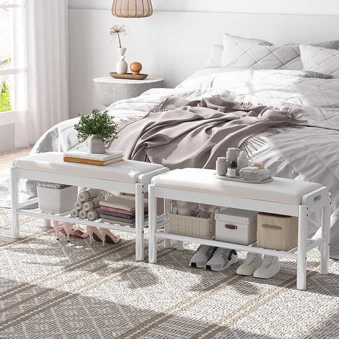 Shoe Storage Bench with Cushion - 2 Tier Shoe Rack for Front Door Entrance, Wood Shoes Rack, Entryway Bench with Shoes Storage for Closet,Hallway,Bedroom&Living Room(White, 31.5" W)