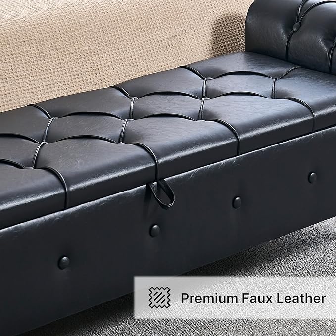 67" Storage Bench for Bedroom, End of King Size Benches with Rolled Arms, Faux Leather Tufted Button Ottoman Benches, Upholstered Bench for Living Room, Entryway, Black