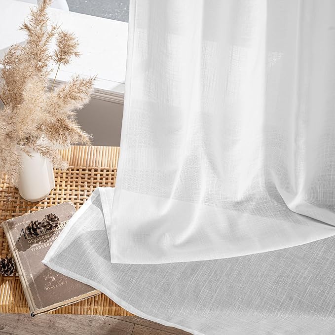 MIULEE White Linen Curtains 90 Inches Long 2 Panels for Bedroom Living Room, Soft Thick Linen Textured Back Tab Window Drapes Semi Sheer Light Filtering Rod Pocket Modern Farmhouse Decor