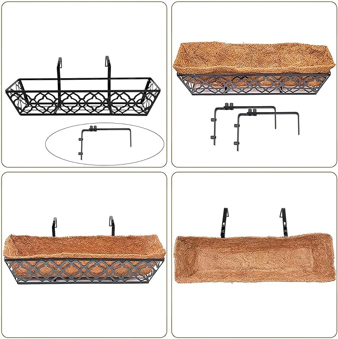 24 Inch Railing Planter Box with Coco Liner, Adjustable Metal Hanging Planter, Window Box for Balcony Deck Fence, Outdoor Flower Box Black, 2 Pack