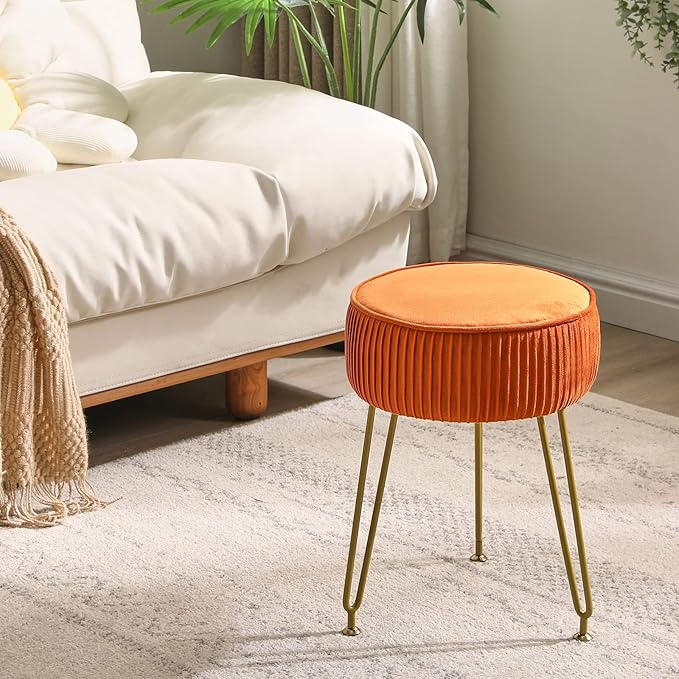 IBUYKE Velvet Round Footrest Stool Ottoman, Makeup Vanity Stool Side Table, Velvet Dressing Table Seat, Pouf Couch Stool, Golden Steel Legs, Orange LG-30J
