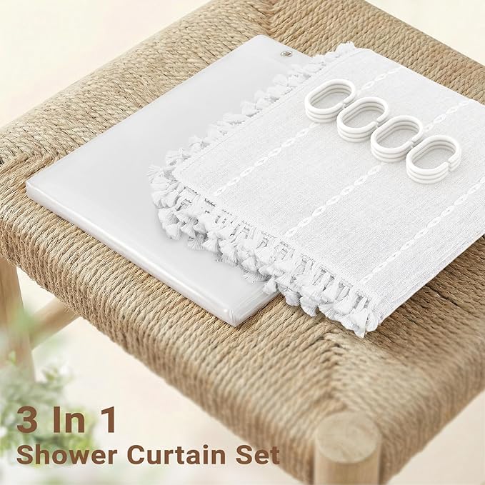 BTTN 3 in 1 Shower Curtain with Liner, 84 Extra Long Boho Linen Striped Cloth Shower Curtain Set with Hook, Tall Farmhouse Bohemian Cute Waterproof Fabric Shower Curtain for Bathroom, White, 72x84