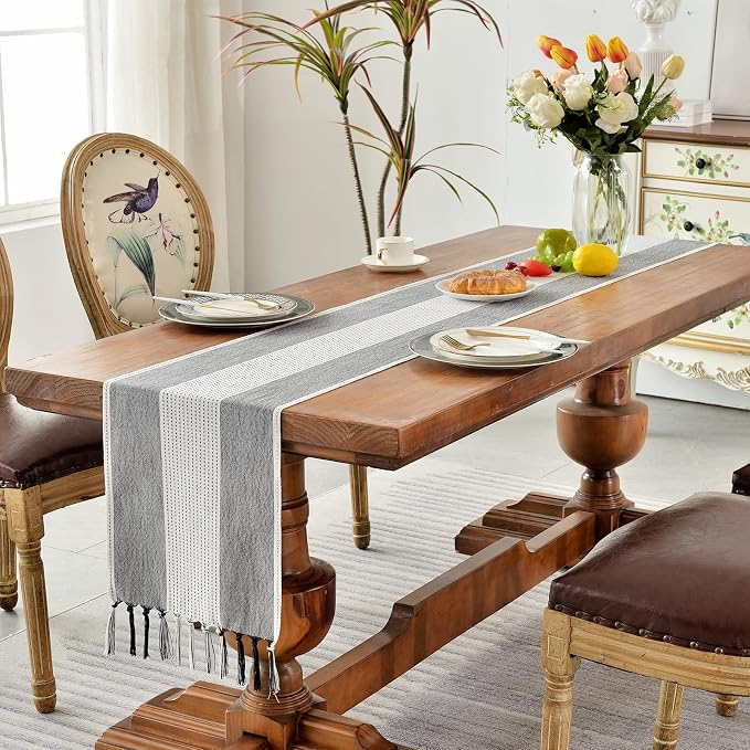Wracra Linen Table Runner, Farmhouse Macrame Table Runners 36 Inches Long for Dining Table Decor, Wedding, Party and Dresser Decor (Black,36")