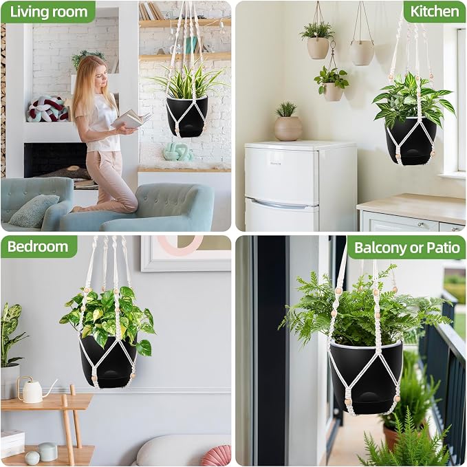 QCQHDU 2-Pack 7.1-Inch Macrame Self-Watering Hanging Planters, Pure Black | Small Plant Pots, Indoor & Outdoor, With Drainage, Two Sets of Hooks