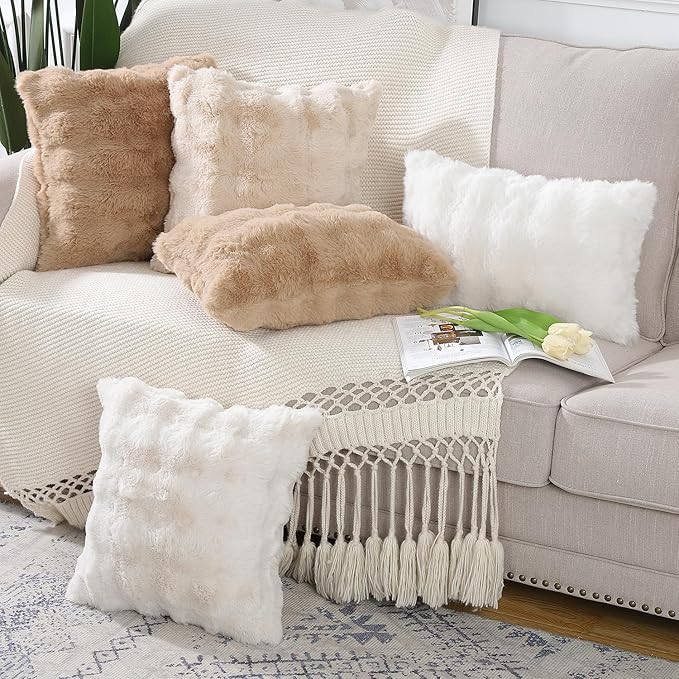 MADIZZ Pack of 2 Thick Plush Faux Wool Throw Pillow Covers Soft Boho Throw Pillows Luxurious Cushion Covers for Couch Sofa Bedroom Living Room Home Decor 12x20 Inch Cream