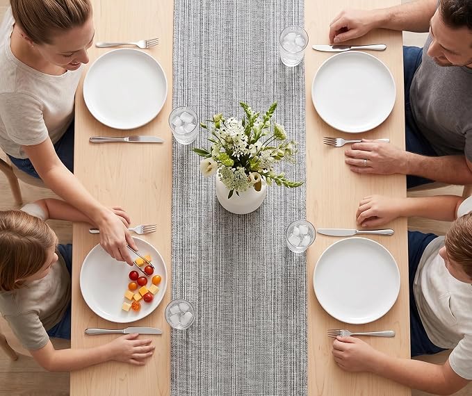 PurpleEssences Chambray Table Runner with Fringes - 100% Cotton, 13x72 Inch - Rustic Farmhouse Table Décor, Reusable, Machine Washable for Dining Tables - Spring Easter Summer - Mineral Gray & H.White